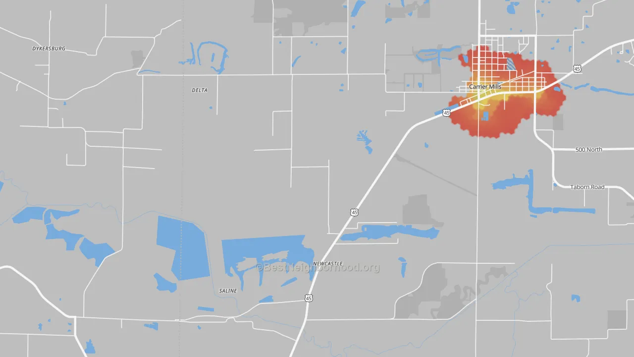 Walk Grade map of Newcastle, IL, walkable areas in green and car-dependent areas in red