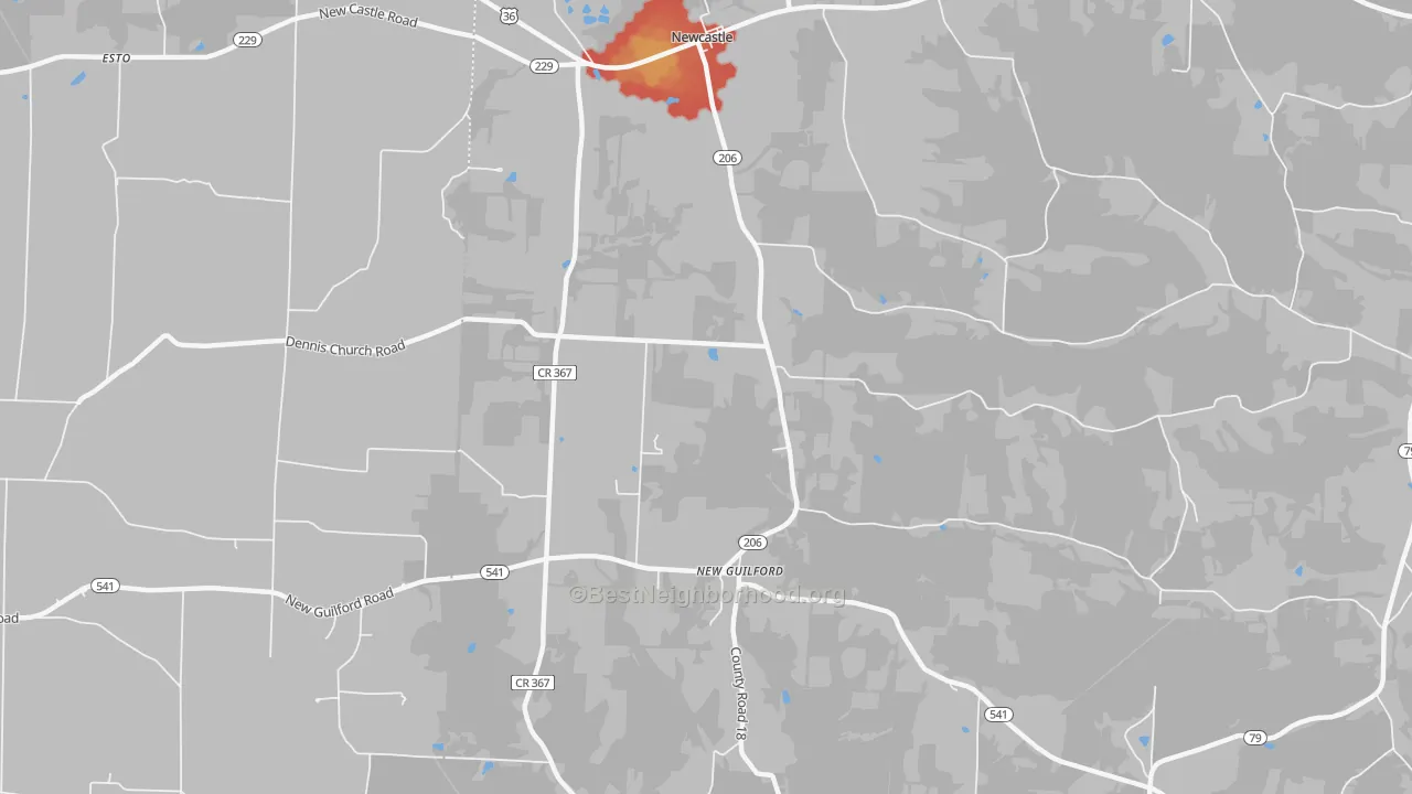 Walk Grade map of Newcastle, OH, walkable areas in green and car-dependent areas in red