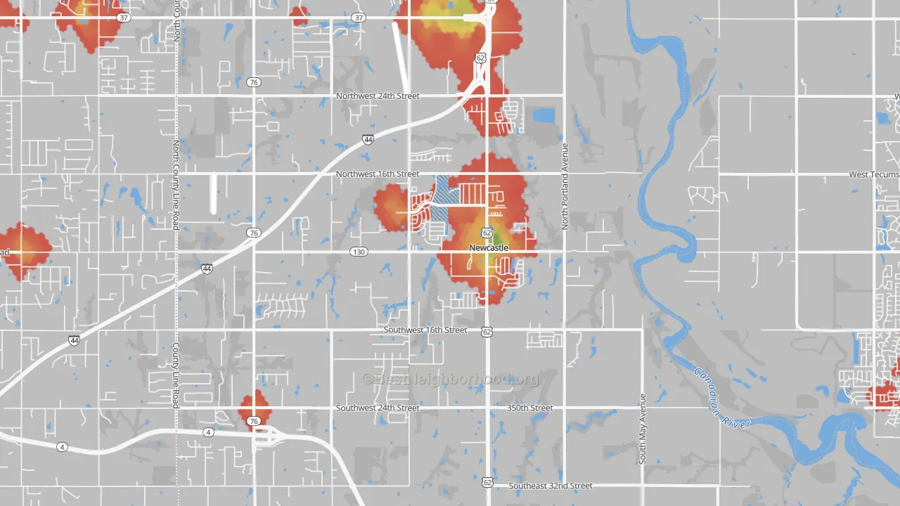 Walk Grade map of Newcastle, OK, walkable areas in green and car-dependent areas in red