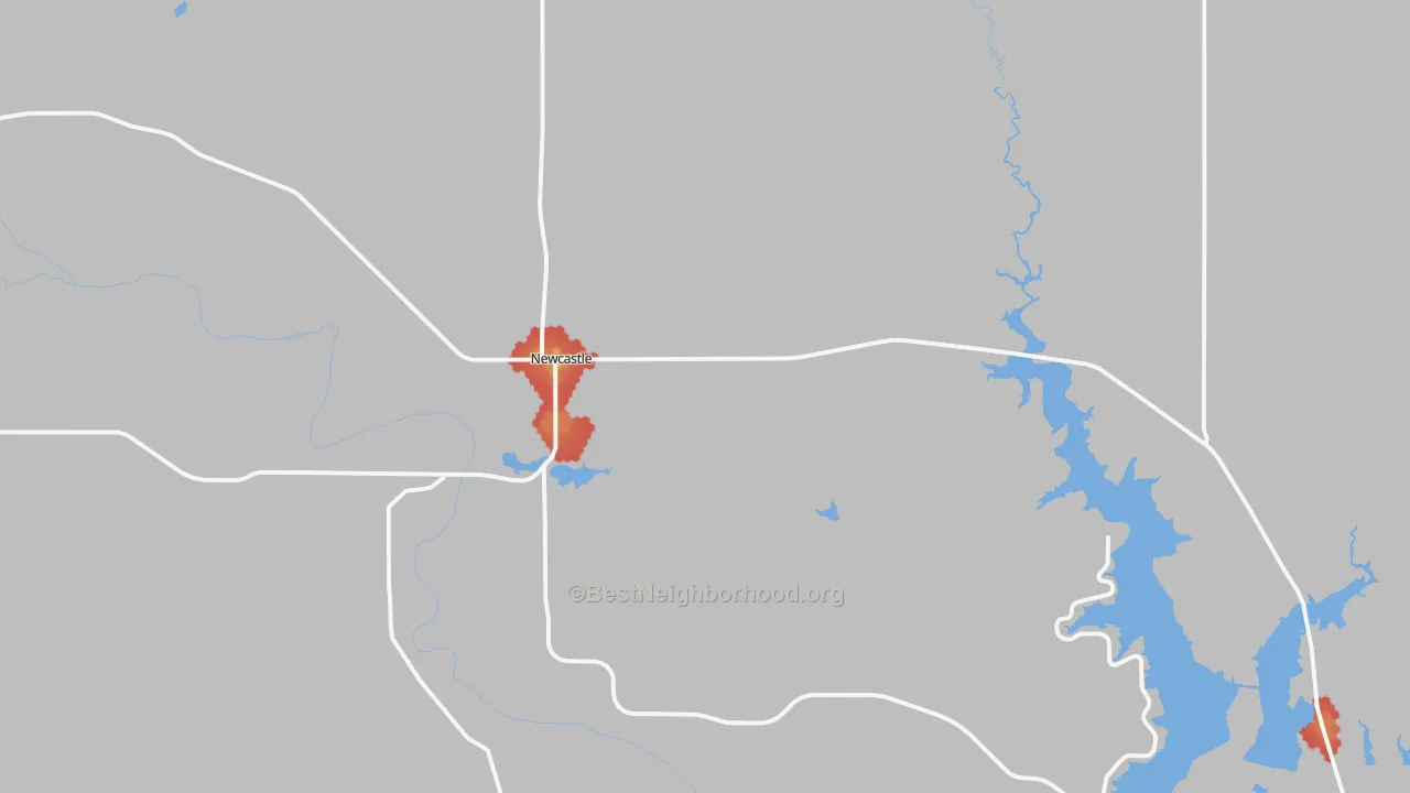 Walk Grade map of Newcastle, TX, walkable areas in green and car-dependent areas in red