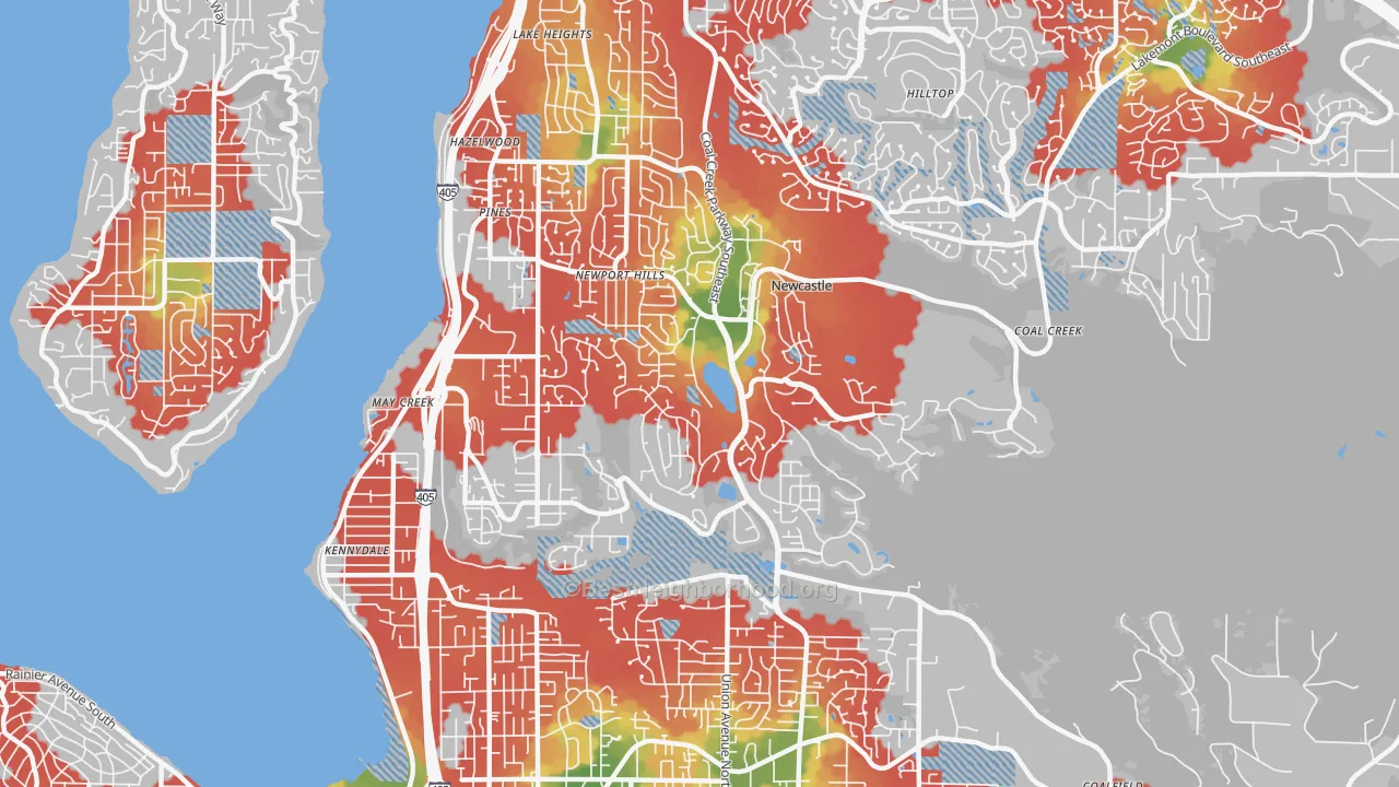 Walk Grade map of Newcastle, WA, walkable areas in green and car-dependent areas in red