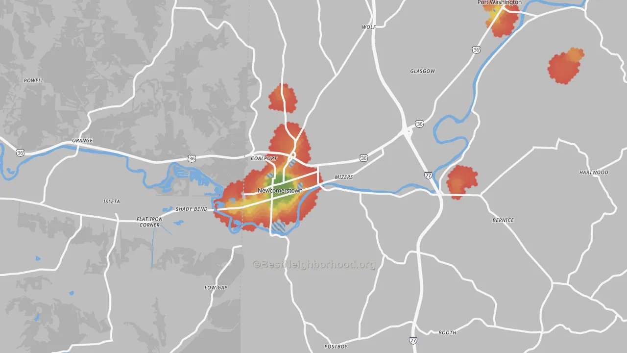 Walk Grade map of Newcomerstown, OH, walkable areas in green and car-dependent areas in red