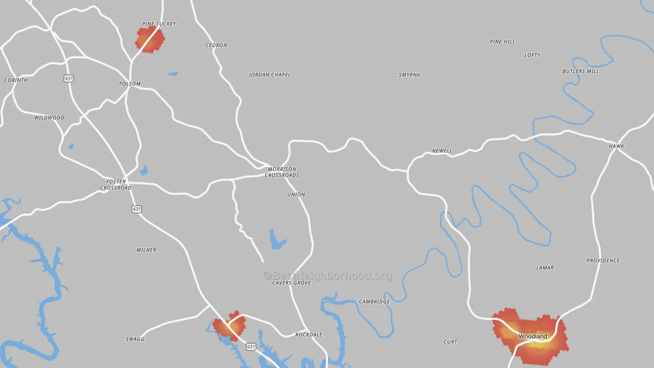 Walk Grade map of Newell, AL, walkable areas in green and car-dependent areas in red