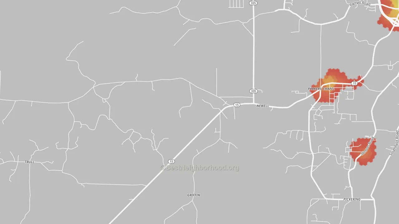 Walk Grade map of Newell, AR, walkable areas in green and car-dependent areas in red