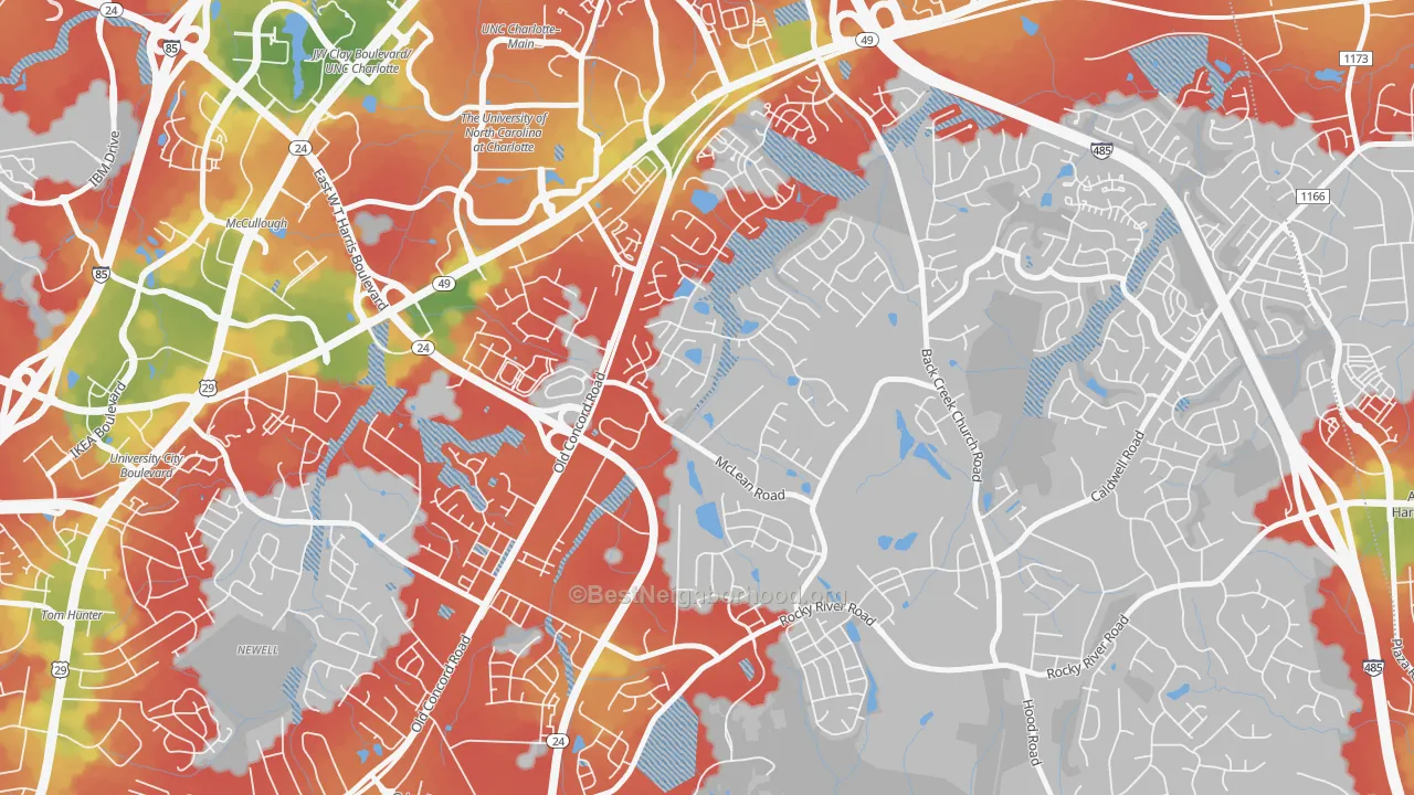 Walk Grade map of Newell, Charlotte, NC, walkable areas in green and car-dependent areas in red
