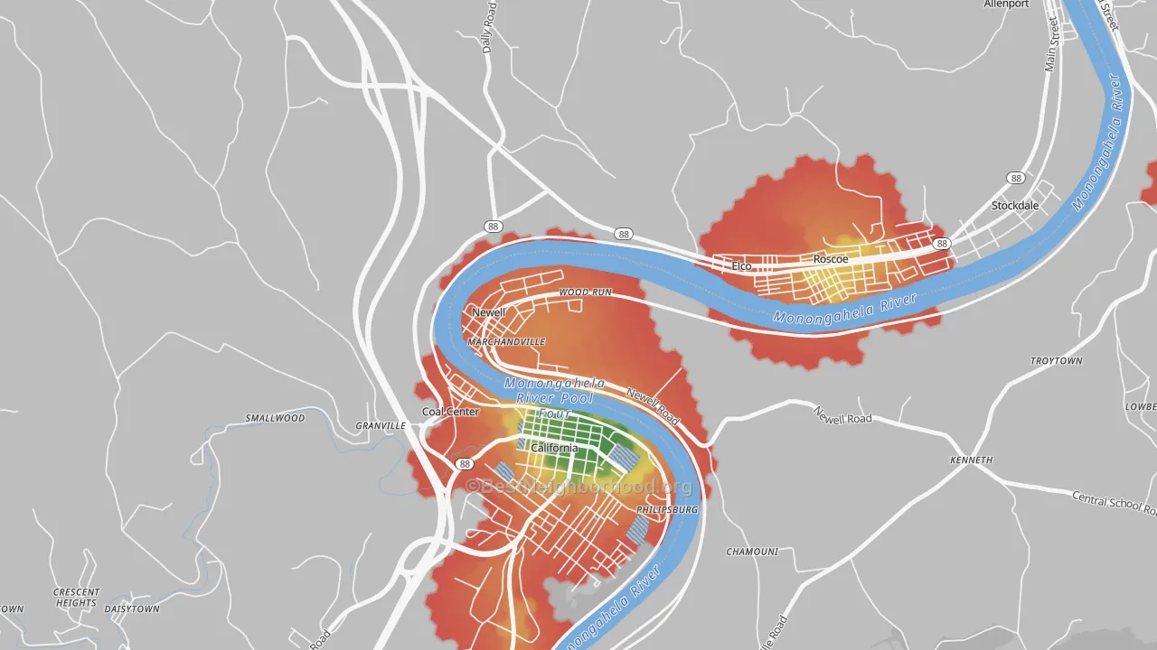 Walk Grade map of Newell, PA, walkable areas in green and car-dependent areas in red
