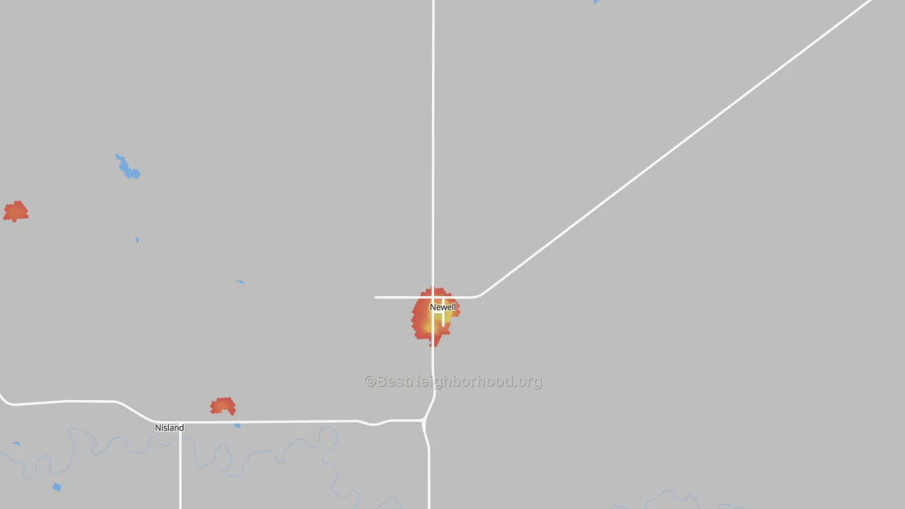 Walk Grade map of Newell, SD, walkable areas in green and car-dependent areas in red