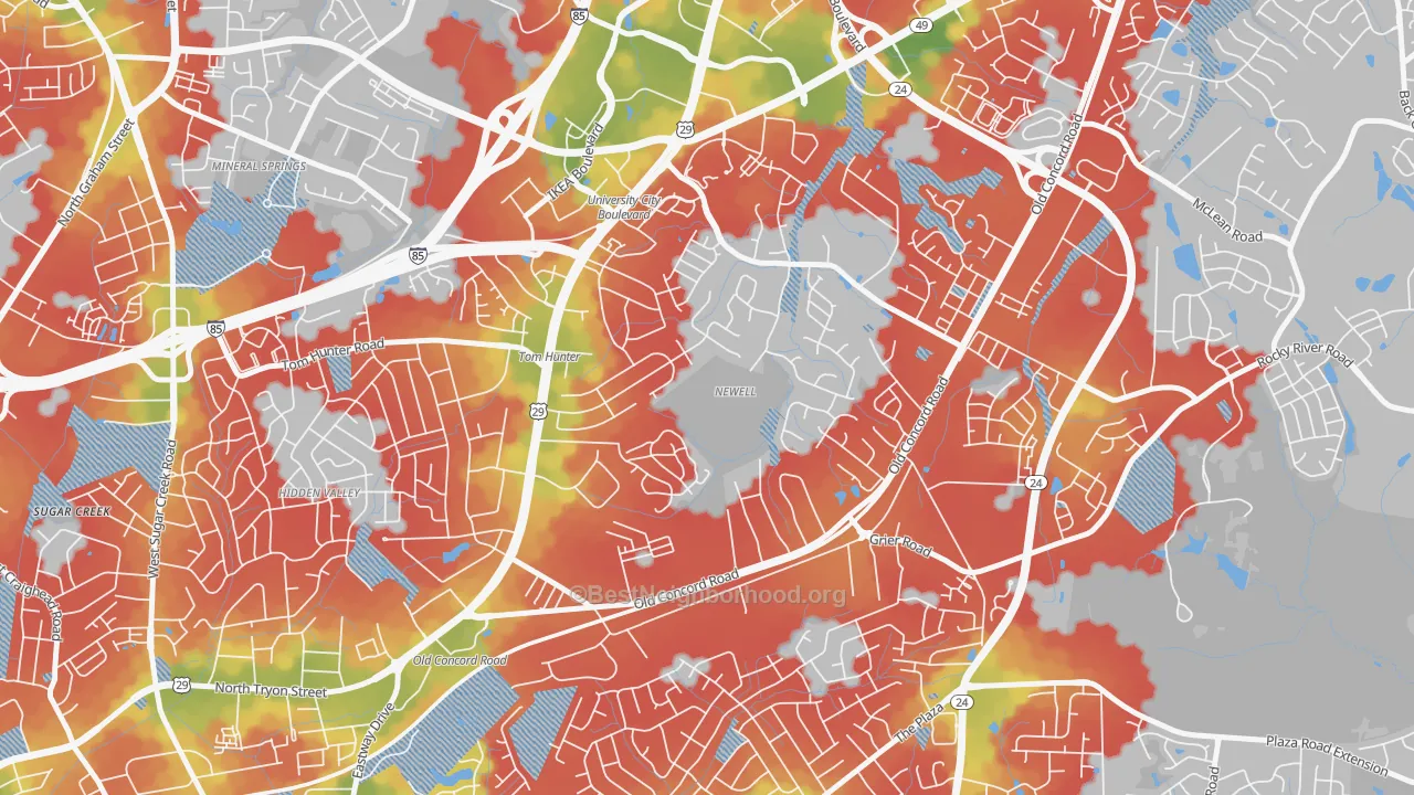 Walk Grade map of Newell South, Charlotte, NC, walkable areas in green and car-dependent areas in red