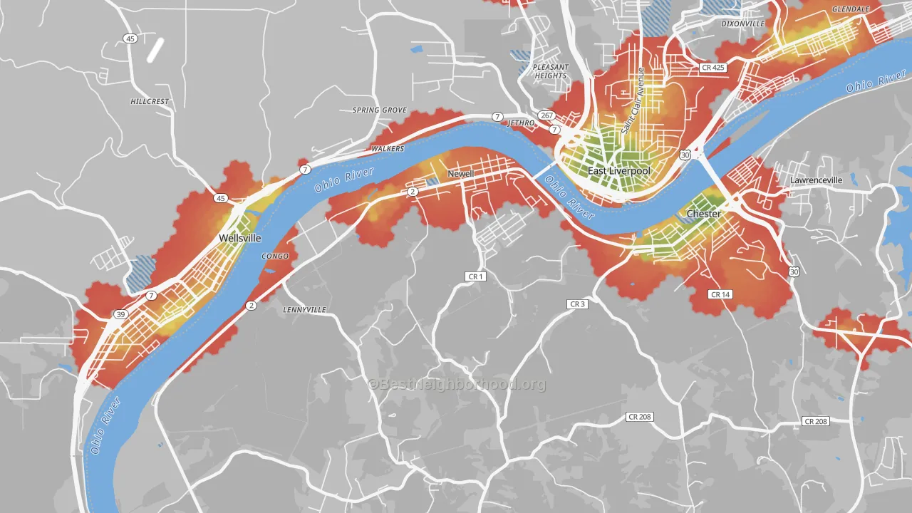Walk Grade map of Newell, WV, walkable areas in green and car-dependent areas in red