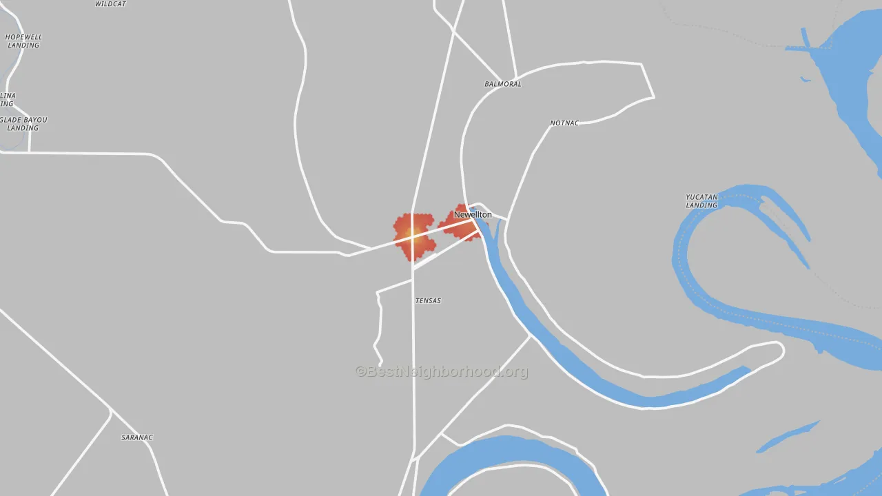 Walk Grade map of Newellton, LA, walkable areas in green and car-dependent areas in red