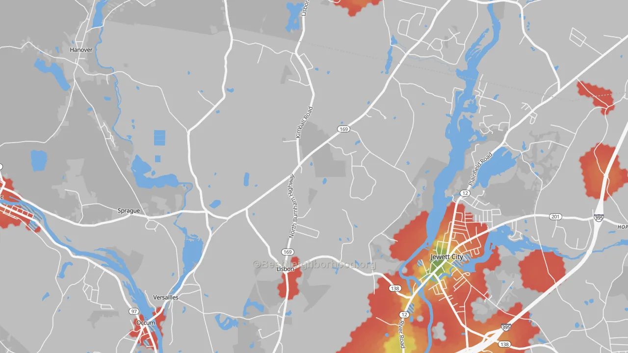 Walk Grade map of Newent, CT, walkable areas in green and car-dependent areas in red