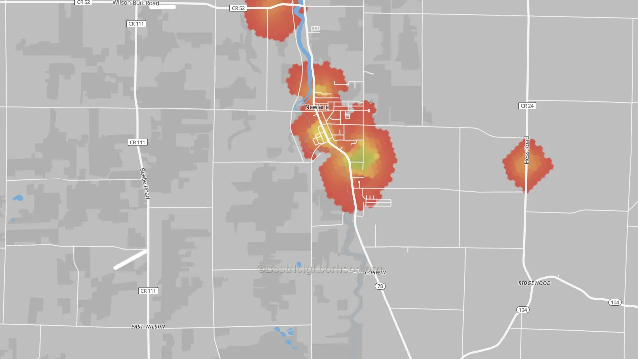 Walk Grade map of Newfane, NY, walkable areas in green and car-dependent areas in red