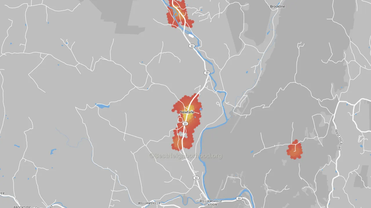 Walk Grade map of Newfane, VT, walkable areas in green and car-dependent areas in red