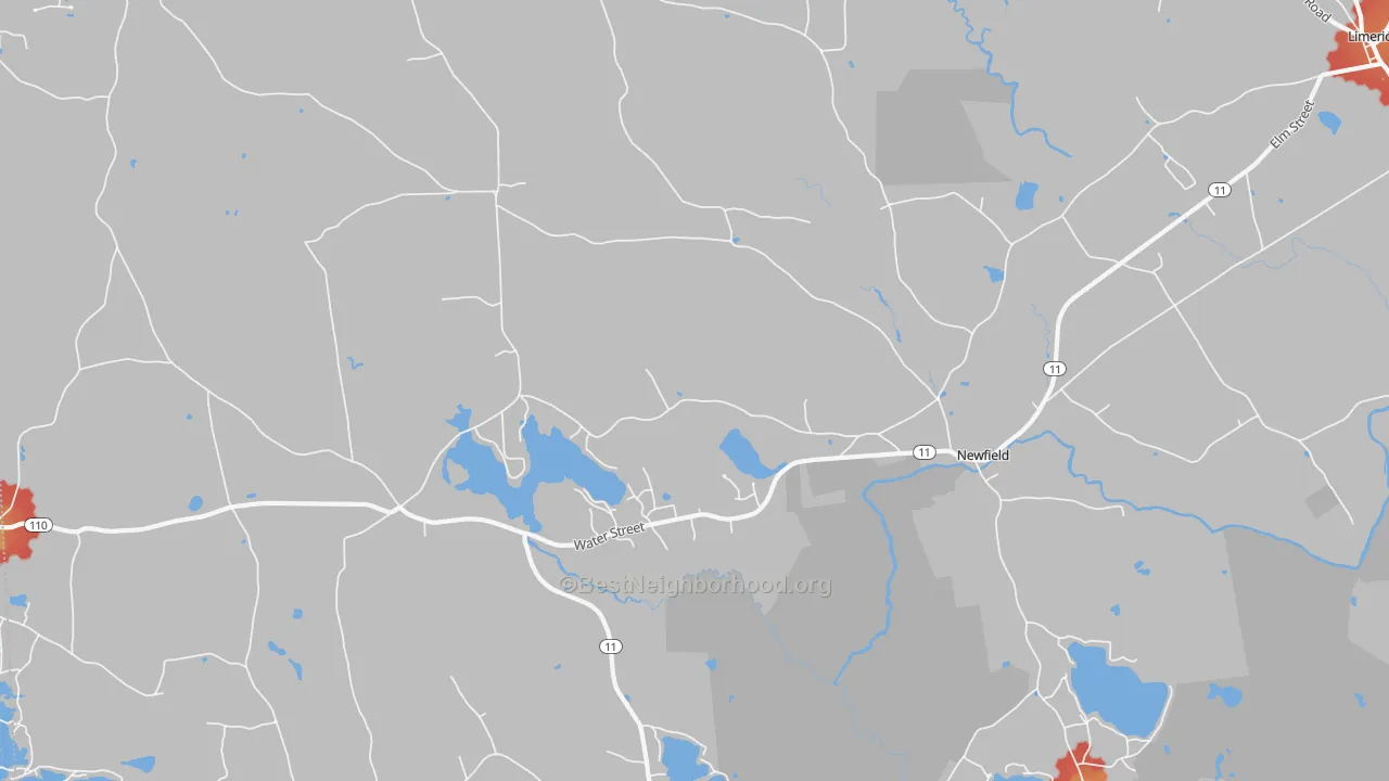 Walk Grade map of Newfield, ME, walkable areas in green and car-dependent areas in red