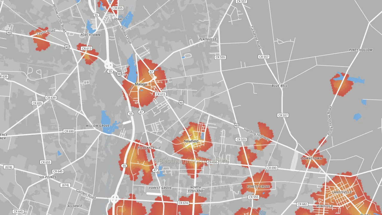 Walk Grade map of Newfield, NJ, walkable areas in green and car-dependent areas in red
