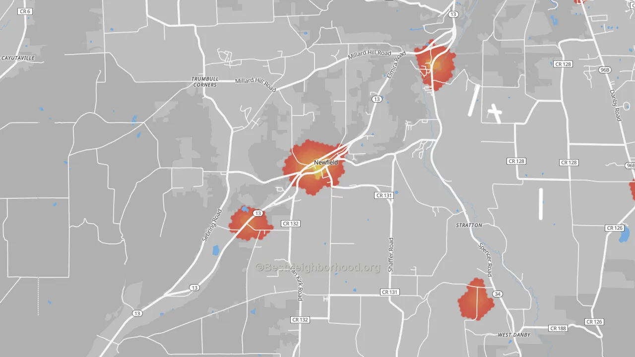 Walk Grade map of Newfield, NY, walkable areas in green and car-dependent areas in red