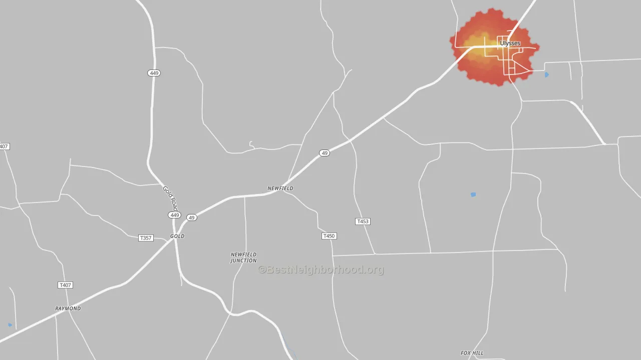 Walk Grade map of Newfield, PA, walkable areas in green and car-dependent areas in red