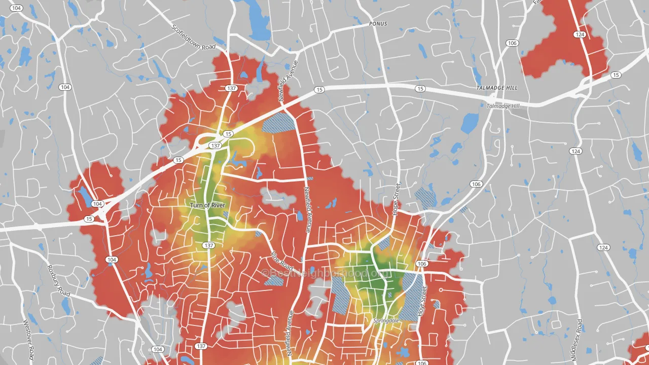 Walk Grade map of Newfield, Stamford, CT, walkable areas in green and car-dependent areas in red