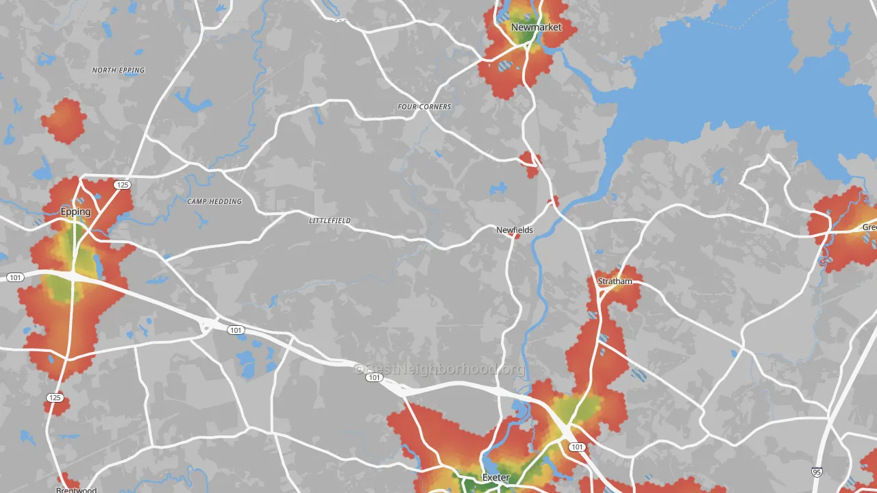 Walk Grade map of Newfields, NH, walkable areas in green and car-dependent areas in red