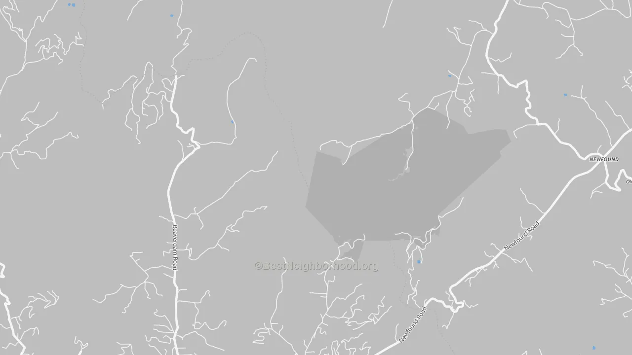 Walk Grade map of Newfound, NC, walkable areas in green and car-dependent areas in red