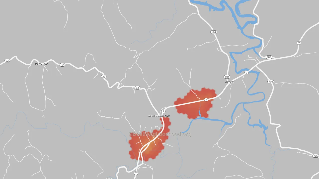 Walk Grade map of Newfoundland, KY, walkable areas in green and car-dependent areas in red