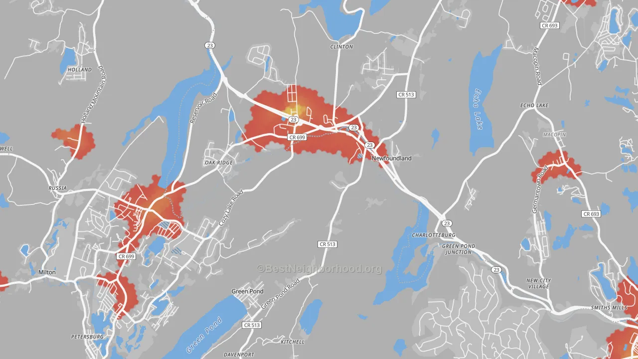 Walk Grade map of Newfoundland, NJ, walkable areas in green and car-dependent areas in red