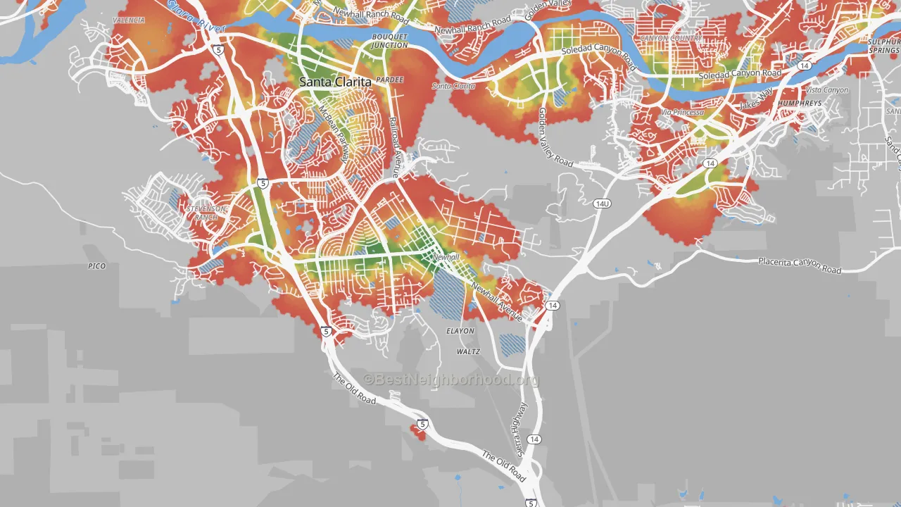 Walk Grade map of Newhall, CA, walkable areas in green and car-dependent areas in red
