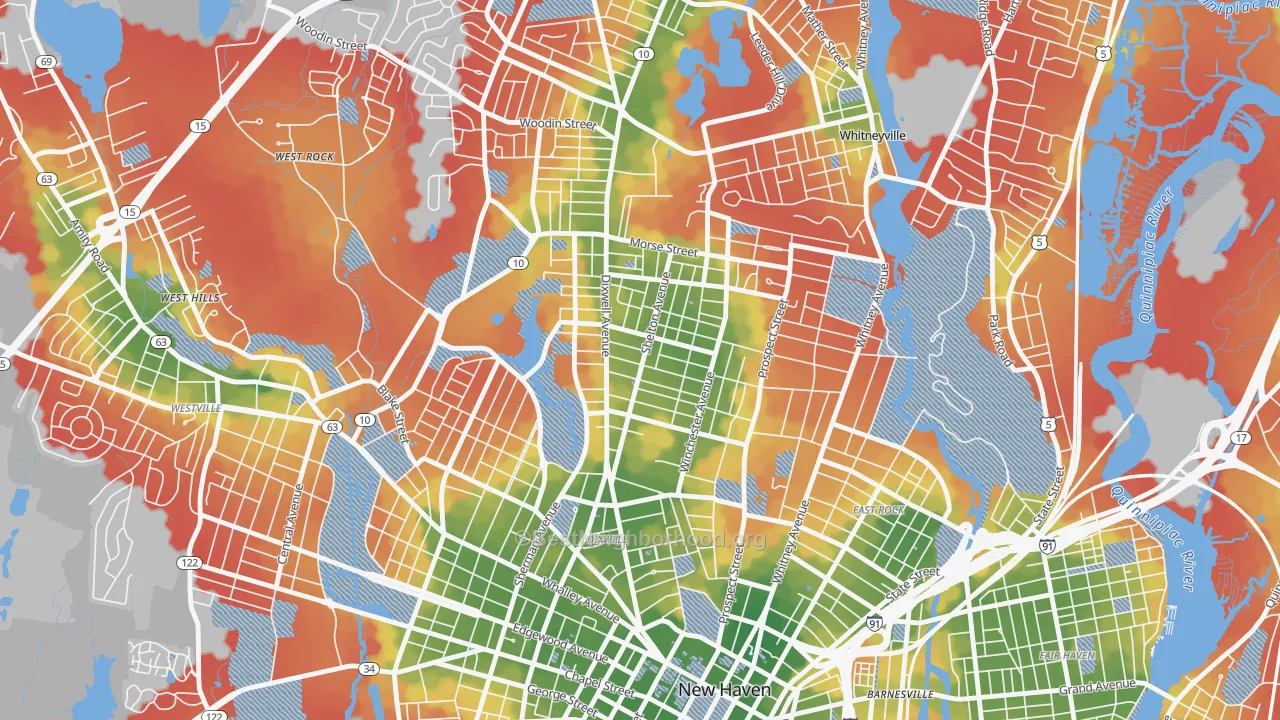 Walk Grade map of Newhallville, New Haven, CT, walkable areas in green and car-dependent areas in red