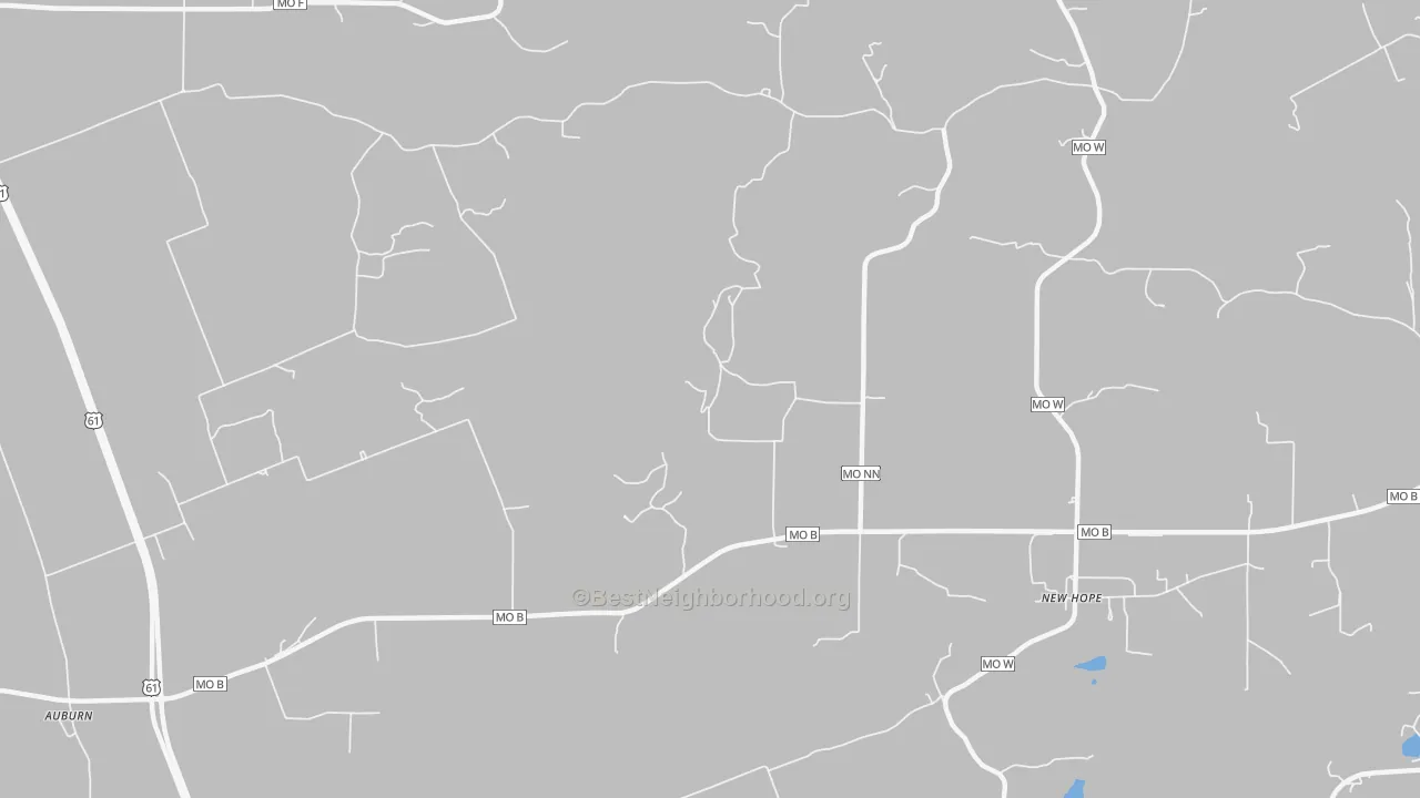Walk Grade map of Newhope, MO, walkable areas in green and car-dependent areas in red