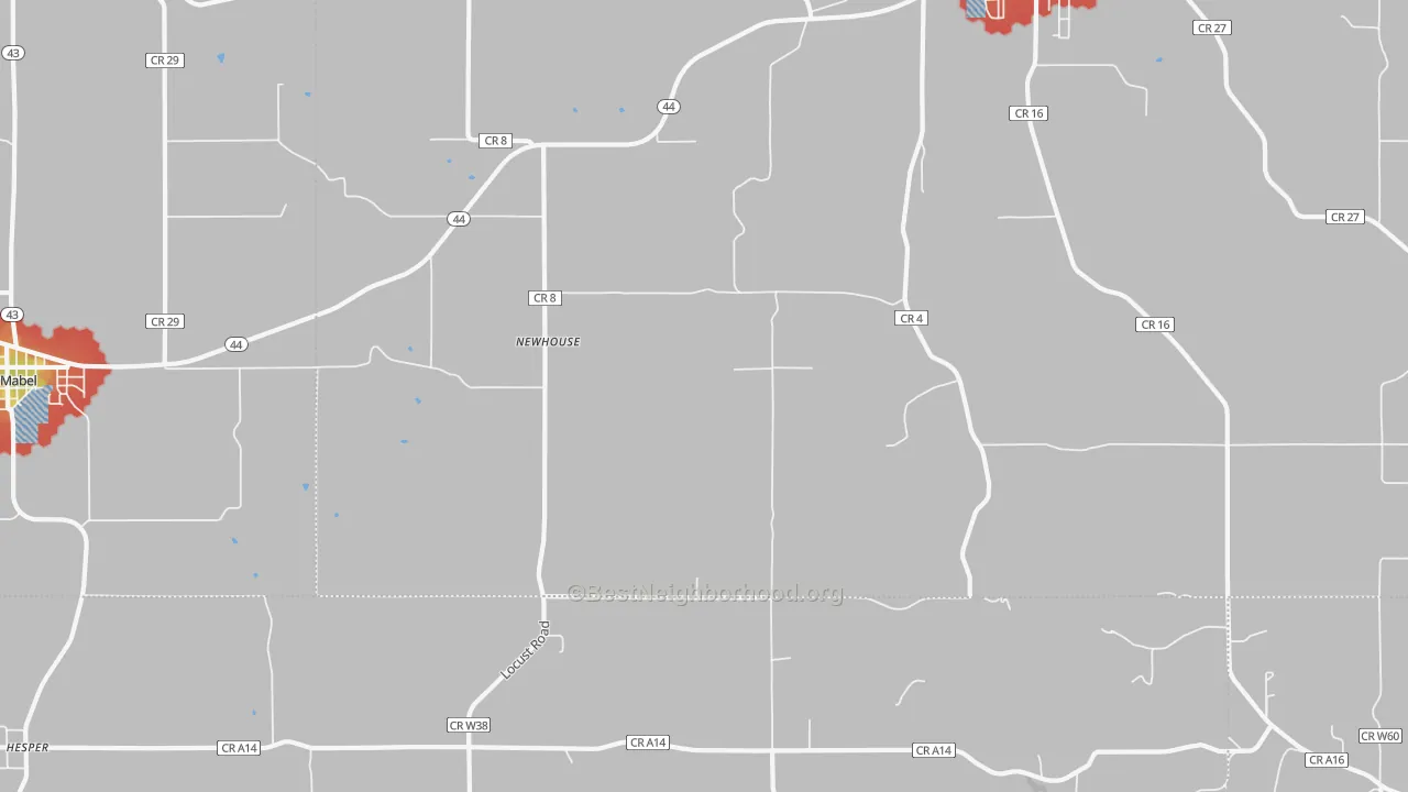 Walk Grade map of Newhouse, MN, walkable areas in green and car-dependent areas in red