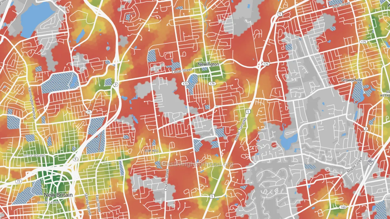 Walk Grade map of Newington, CT, walkable areas in green and car-dependent areas in red