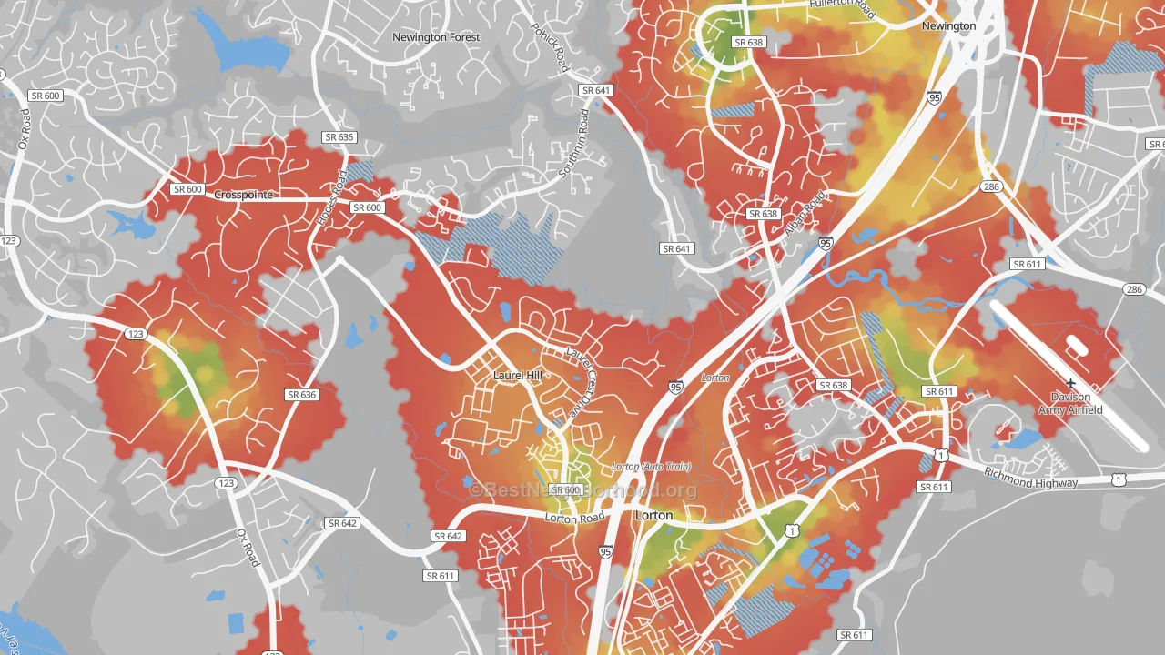 Walk Grade map of Newington Forest, VA, walkable areas in green and car-dependent areas in red