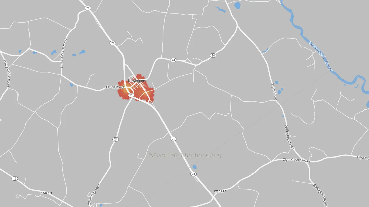 Walk Grade map of Newington, GA, walkable areas in green and car-dependent areas in red