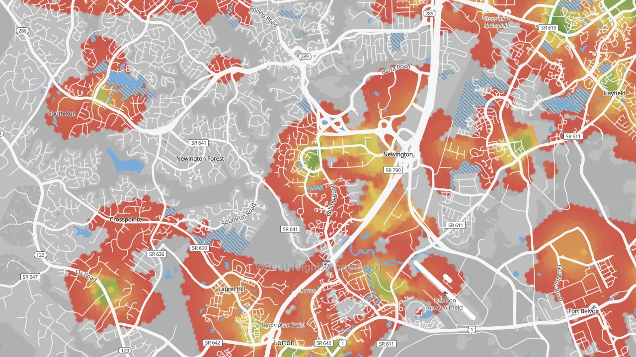 Walk Grade map of Newington, VA, walkable areas in green and car-dependent areas in red