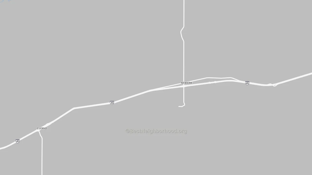 Walk Grade map of Newkirk, NM, walkable areas in green and car-dependent areas in red