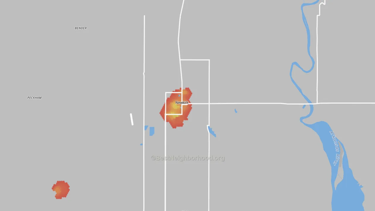 Walk Grade map of Newkirk, OK, walkable areas in green and car-dependent areas in red