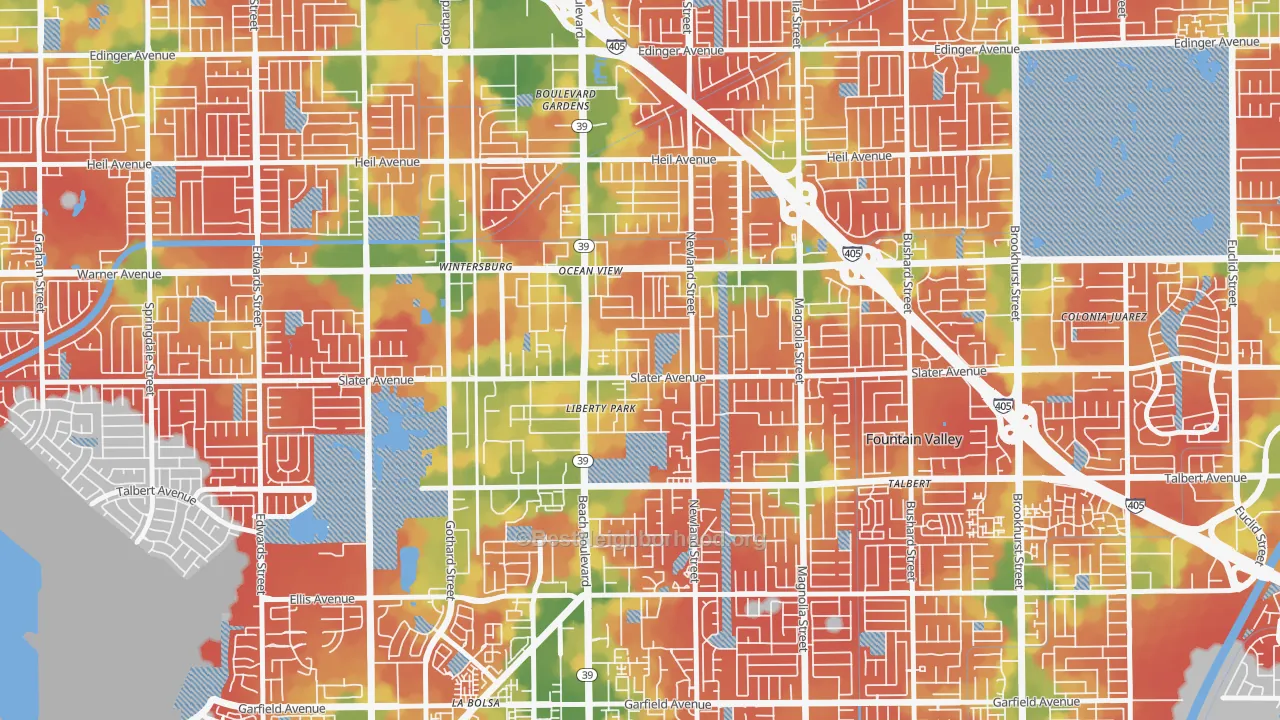 Walk Grade map of Newland, Huntington Beach, CA, walkable areas in green and car-dependent areas in red