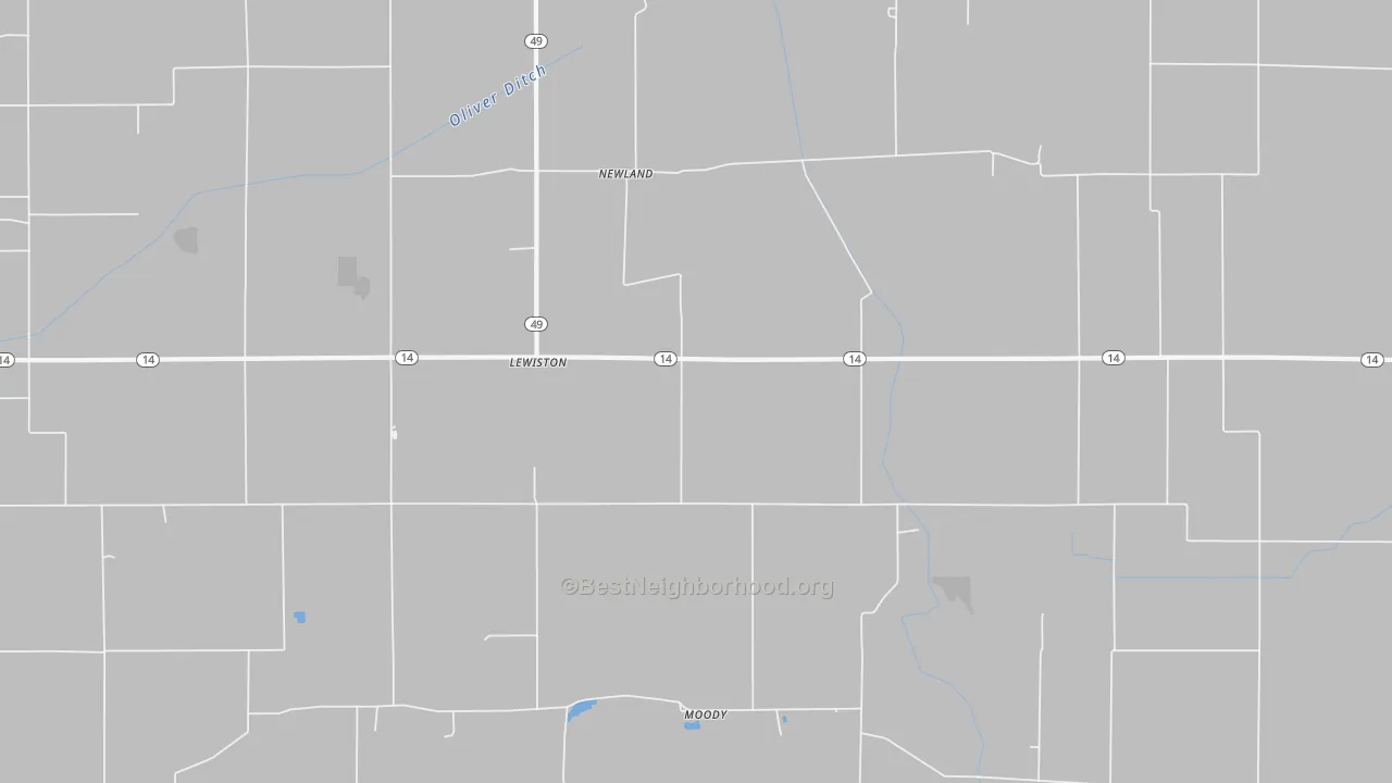 Walk Grade map of Newland, IN, walkable areas in green and car-dependent areas in red