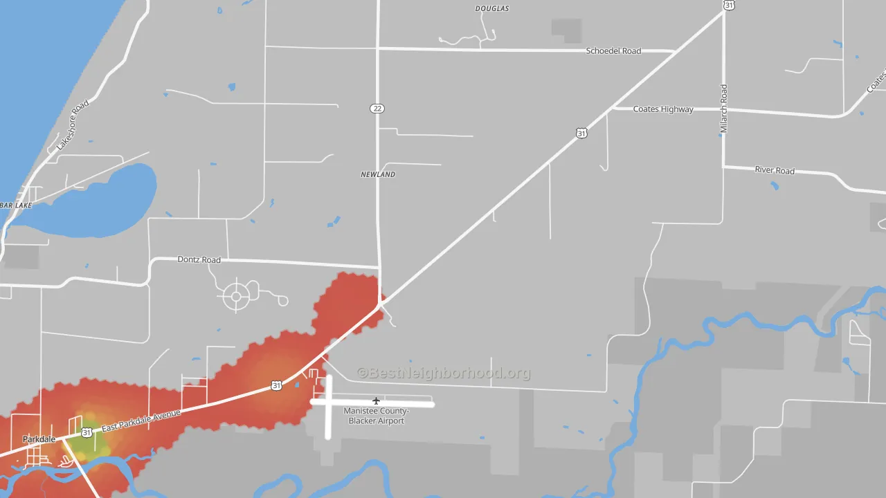 Walk Grade map of Newland, MI, walkable areas in green and car-dependent areas in red