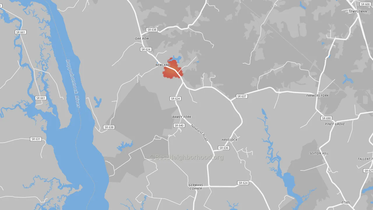 Walk Grade map of Newland, VA, walkable areas in green and car-dependent areas in red