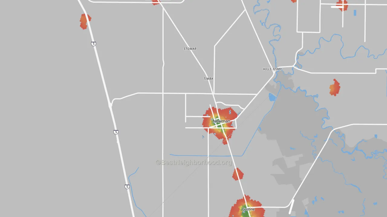 Walk Grade map of Newman, CA, walkable areas in green and car-dependent areas in red