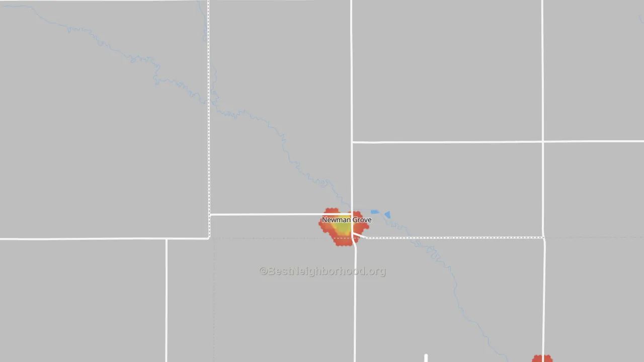 Walk Grade map of Newman Grove, NE, walkable areas in green and car-dependent areas in red