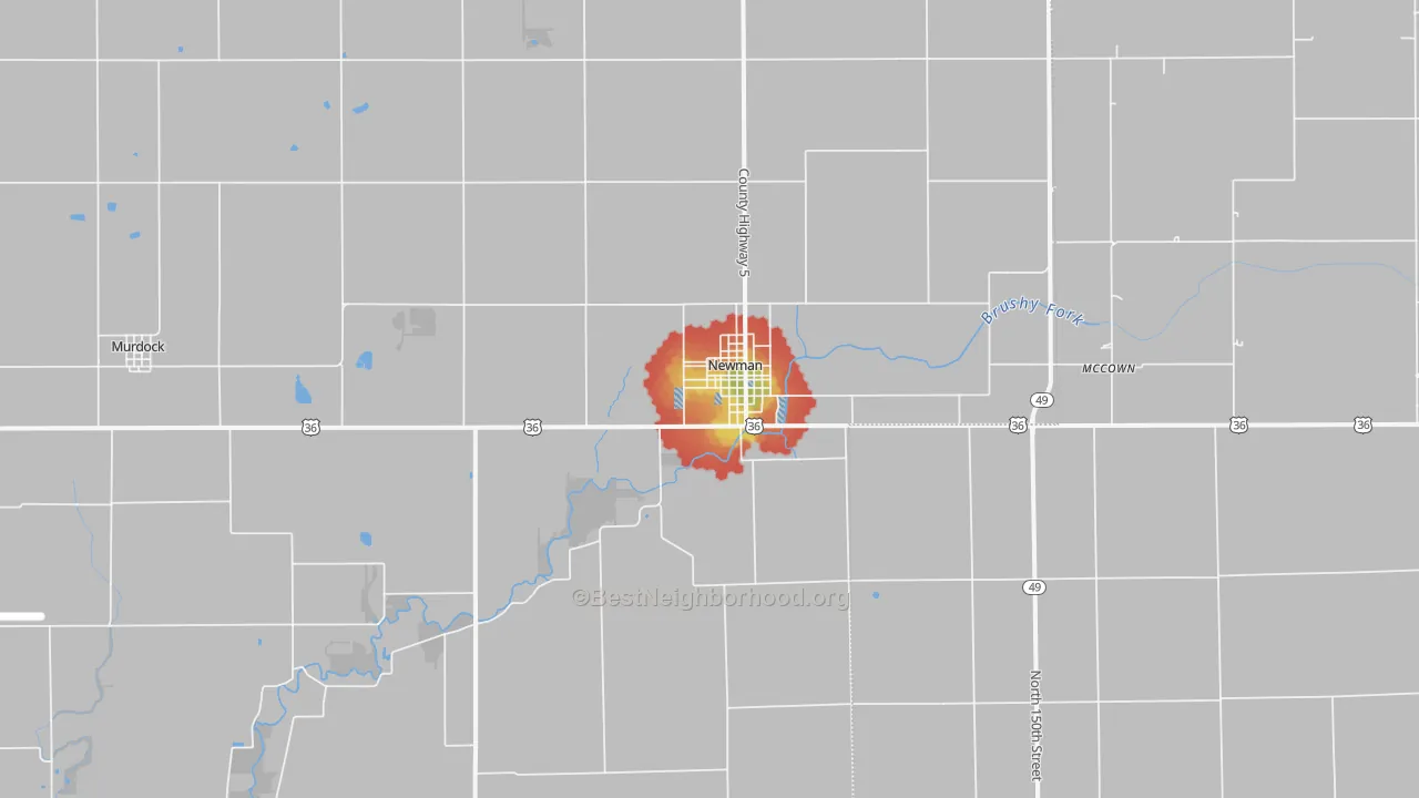 Walk Grade map of Newman, IL, walkable areas in green and car-dependent areas in red