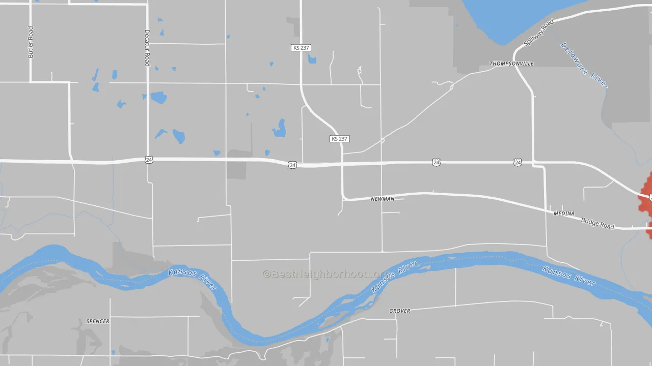 Walk Grade map of Newman, KS, walkable areas in green and car-dependent areas in red