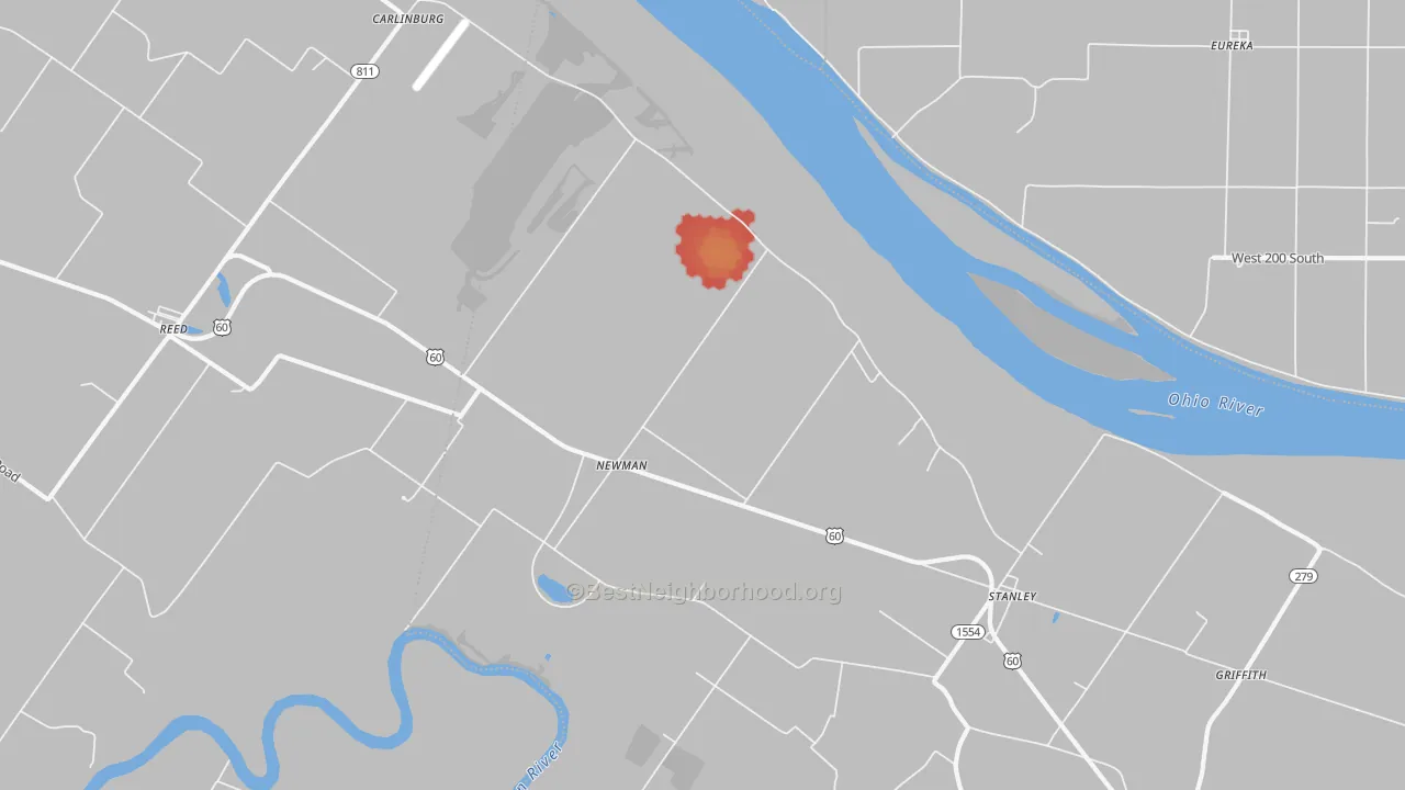 Walk Grade map of Newman, KY, walkable areas in green and car-dependent areas in red
