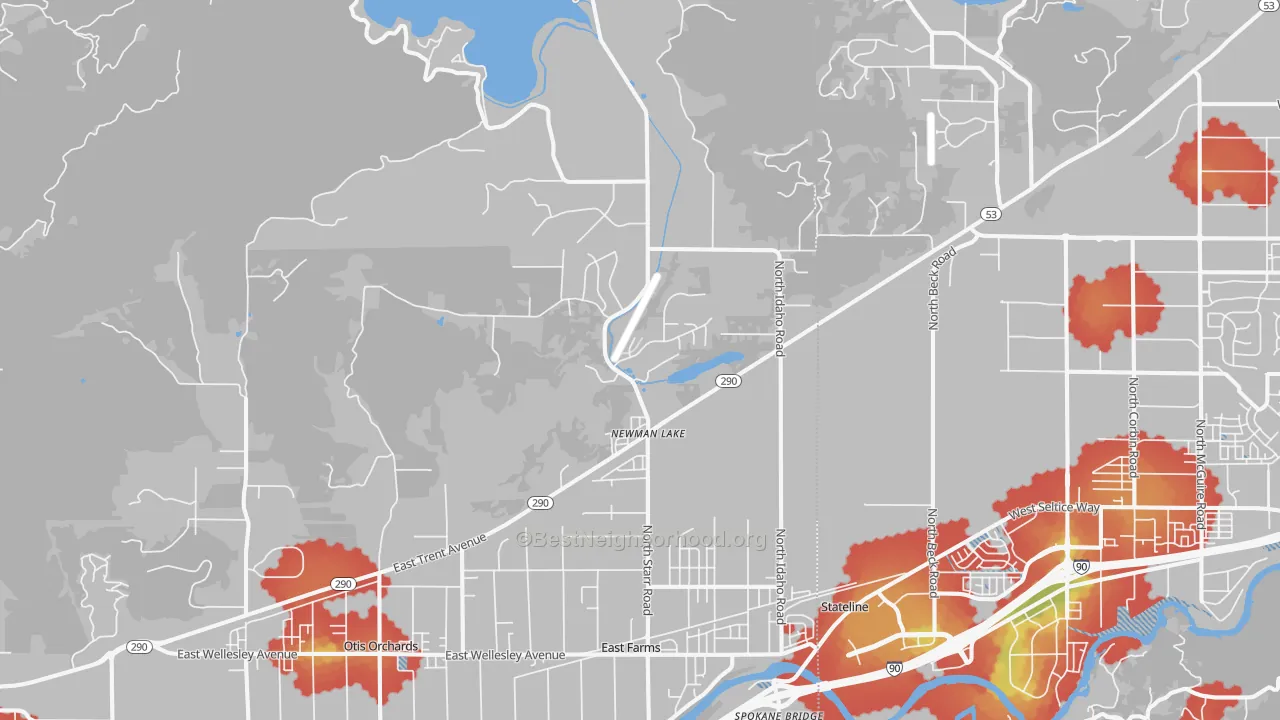 Walk Grade map of Newman Lake, WA, walkable areas in green and car-dependent areas in red