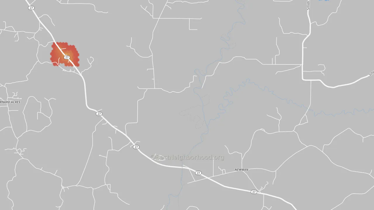 Walk Grade map of Newman, MS, walkable areas in green and car-dependent areas in red