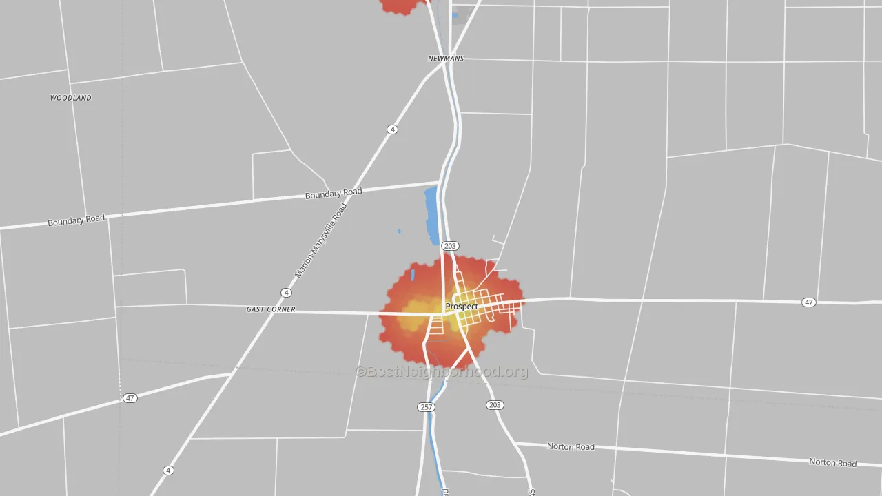Walk Grade map of Newman, OH, walkable areas in green and car-dependent areas in red