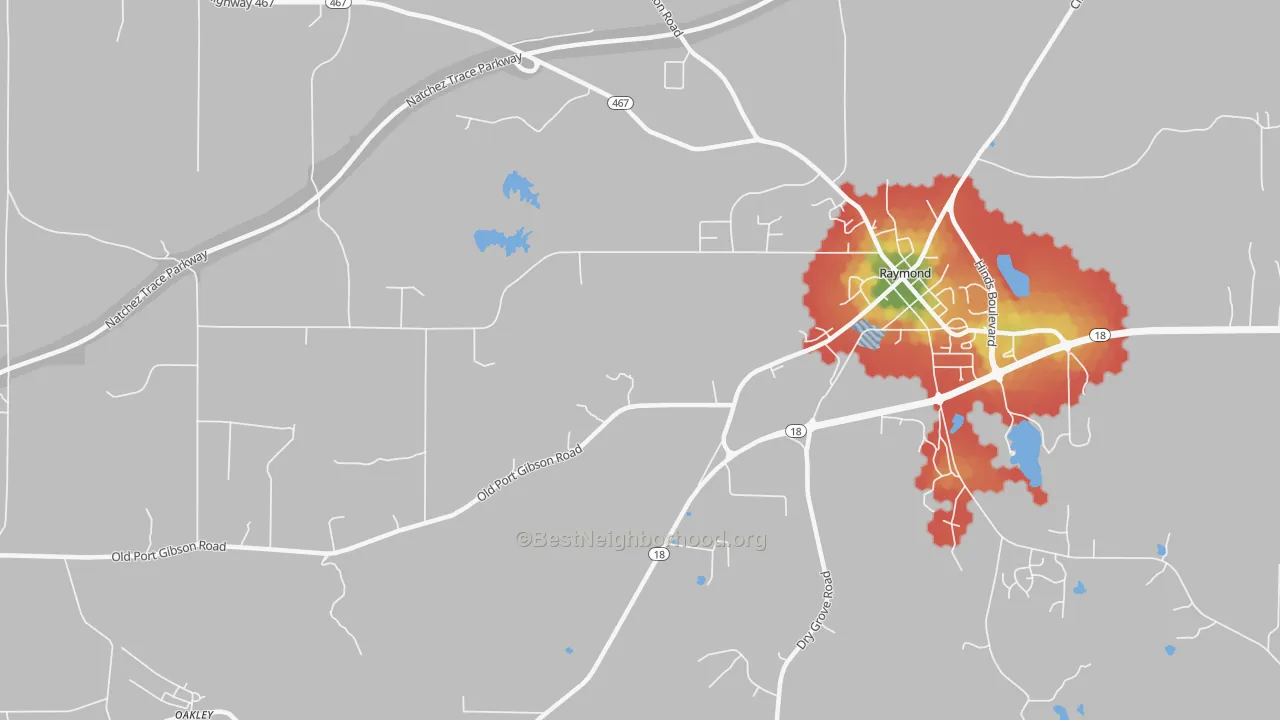 Walk Grade map of Newmans Grove, MS, walkable areas in green and car-dependent areas in red