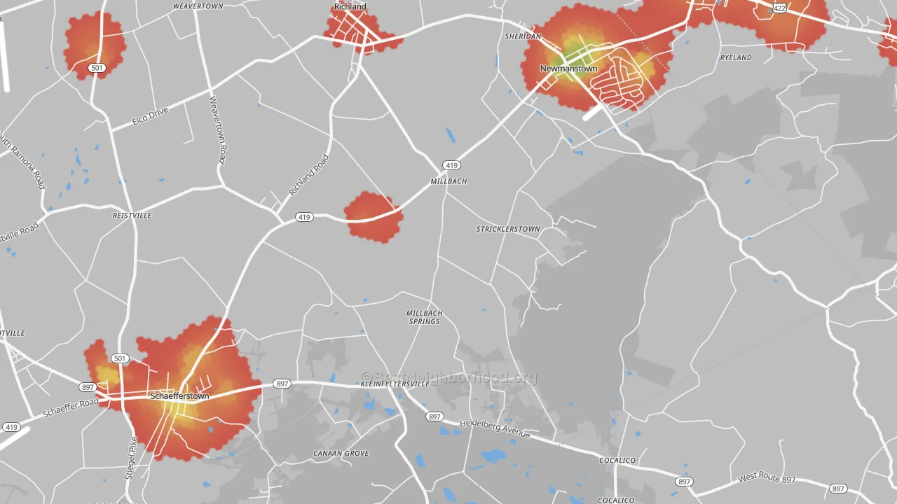 Walk Grade map of Newmanstown, PA, walkable areas in green and car-dependent areas in red